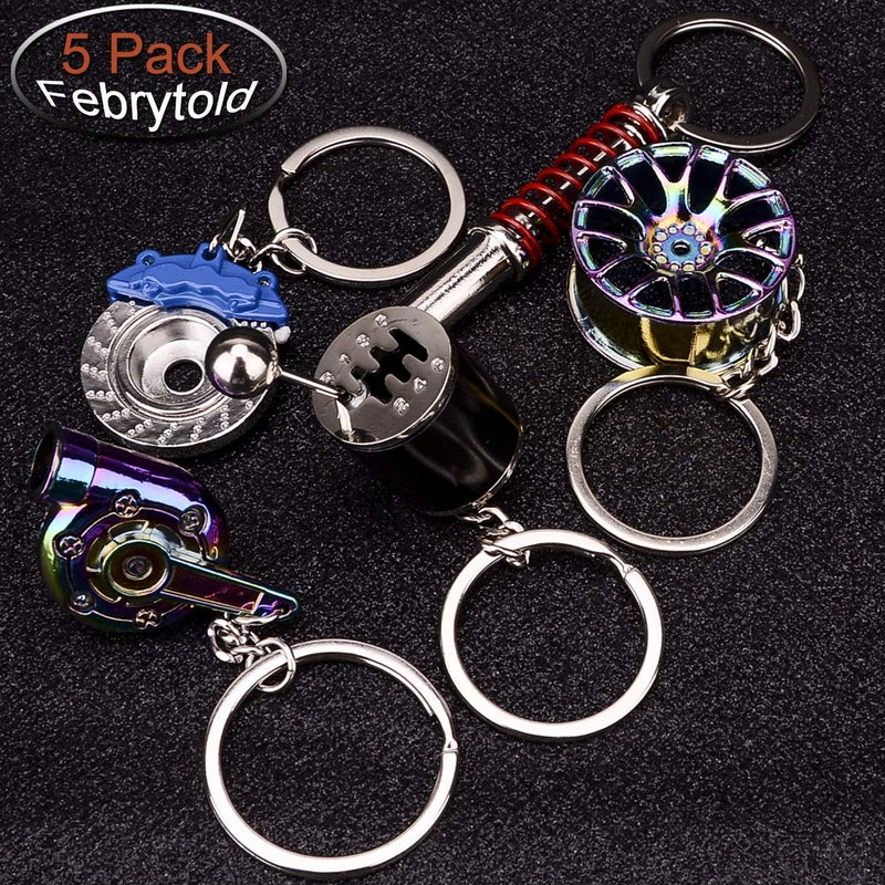 FEBRYTOLD 5 Pcs Car Parts Model Key Chains, Colorful Turbo Keychain, Black Manual Gearbox Keychain, Colorful Tire Rim Key chain, Blue Brake Rotor Key chain, Red Spring Shock-absorber Keychains - Image 2